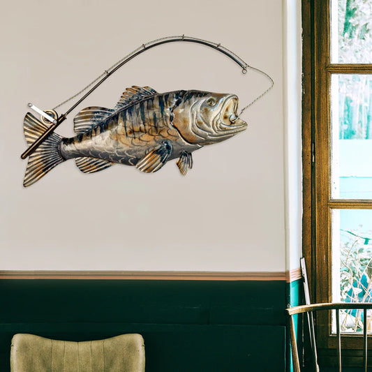 Fishing Bass Hooked Metal Wall Art