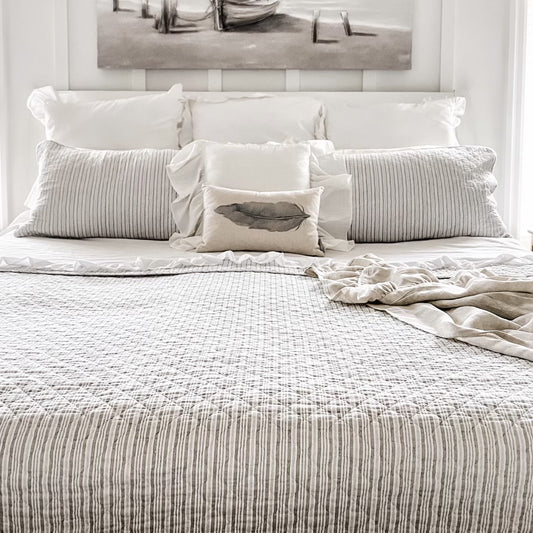 Grey Classic Ticking Quilt - Queen