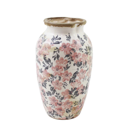 White Oval Vase with Pink Floral Design