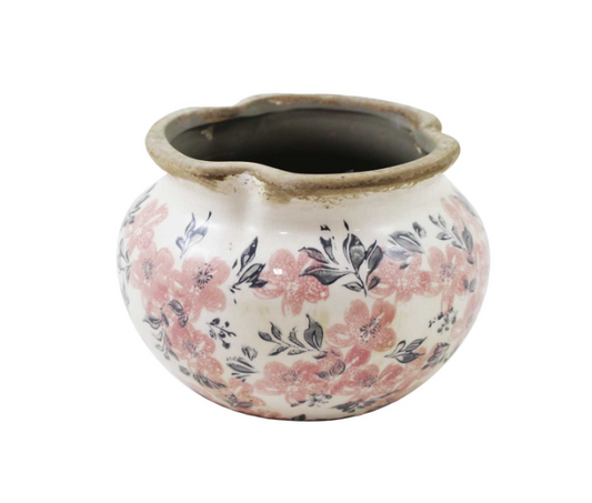 Round White Planter with Pink Floral Design